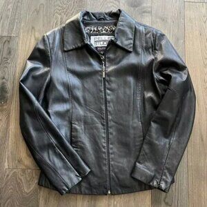 Wilsons Pelle Studio Leather Jacket Size M Vintage Black Leopard Lined Moto VTG